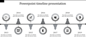 Timeline layout featuring gray circles with icons above and below a horizontal line for years 2013 to 2019.