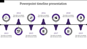 Horizontal timeline with purple-highlighted circular icons and triangular pointers marking key years from 2013 to 2019.