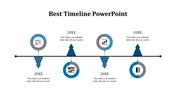 Best timeline PowerPoint template featuring a horizontal timeline with blue and gray markers and icons for sequential events.