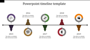 Project timeline template with milestone indicators for each year, using different colors and business related icons.