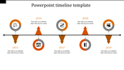 Timeline slide with alternating arrows and circular icons in orange, illustrating yearly events from 2015 to 2019.