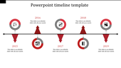 Business timeline template featuring five milestone years, each marked with a red circular icon and triangular pointers.