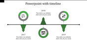 Horizontal timeline infographic with three years marked by green arrows, circular icons, and a black timeline line.