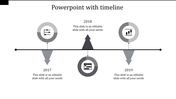 Timeline infographic with gray circular icons connected to labeled years, featuring arrows pointing up and down.