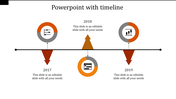 Minimalist timeline diagram displaying three years with circular icons, orange arrows, and a black connecting line.