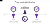 Horizontal timeline with circular icons, purple arrows, and text for years 2017, 2018, and 2019 on a white background.