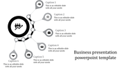 Business PPT slide with six sections, each represented by icons for people, growth, work, and teamwork with captions.
