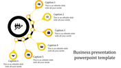 Circular business diagram with six yellow nodes branching out from a black circle and icons for captions.