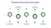 A timeline PowerPoint template with key years on a green circle 2015, 2016, 2017, 2018, and 2019, with captions and icons.