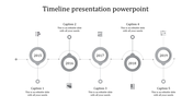 A monochrome timeline slide illustrating key years from 2015 to 2019, featuring five numbered circles with placeholder text.