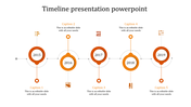 Orange themed timeline showing years 2015 to 2019 in circles linked by dotted lines and captions below each year.