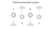Gray timeline template with circular markers for years 2016 to 2019, each linked to captions and icons.