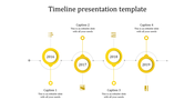 Minimalist timeline template displaying years 2016 to 2019 in yellow circular nodes with caption areas.