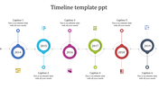 Six-point timeline from 2014 to 2019, each point represented by colored circles, icons, and placeholder text areas.