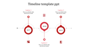 A red themed timeline PPT template covering the years 2017, 2018, and 2019 with captions and icons.