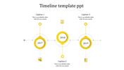 Timeline template with yellow circles highlighting years from 2017 to 2019 and associated icons.