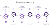 Horizontal timeline with six purple circular milestones connected by gray lines on a white background.