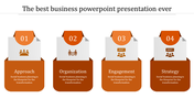 Four step orange infographic showing Approach, Organization, Engagement, and Strategy each with caption areas.