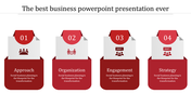 Visual representation of a business presentation slide with four elements each highlighted in red descriptions below.