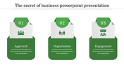 Green business slide with Approach, Organization, and Engagement, each with an icon and description.