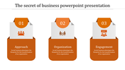 Business PowerPoint template with sections for approach, organization, and engagement, with icons and orange text labels.