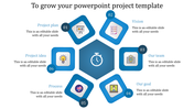 Hexagonal blue design with six labeled blocks for Project Plan, Vision, Team, Goal, Process, and Idea.