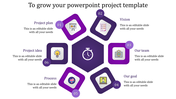 Hexagonal layout with a central clock icon surrounded by six purple diamond shapes depicting project phases.