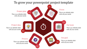 Project PowerPoint slide featuring sections from project plan to idea with red coded icons and placeholder text.