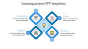 Central lightbulb icon surrounded by four blue diamond shapes, each labeled with project tasks and icons.