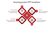 Red diamond shaped project template showing steps for Plan, Vision, Team, and Goal with a central idea icon.