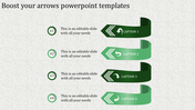 Four green arrows with curved ends, each linked to numbered text circles and black icons on a textured backdrop.