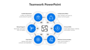 Infographic with six blue circles representing teamwork concepts, connected in a circular flow, with descriptive text.