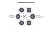 Teamwork PowerPoint template with six gray interconnected steps from conflict resolution to collaborative effort with icons.