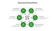 Teamwork slide illustrating six key factors for success from conflict resolution to effective communication with green icons.