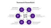 Teamwork infographic with six interconnected purple circles, each containing icons and labeled text on collaboration skills.