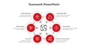 Teamwork PowerPoint template with six red interconnected steps from conflict resolution to collaborative effort with icons.