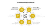 Hexagonal layout with yellow circles featuring teamwork symbols and numbered nodes placed with caption areas..