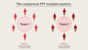 Comparison PowerPoint template displaying Team 1 and 2 with corresponding icons of people in red circles with captions.