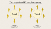 Yellow themed comparison template with Team 1 and Team 2 circles encircled by human silhouette icons.