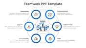 Circular infographic with blue bordered icons and central teamwork illustration connected by hexagonal shapes.