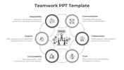 Teamwork PowerPoint template with six sections from adaptability to communication with grey icons and descriptions.