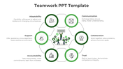 Teamwork concept featuring a hexagonal framework with green highlights, and icons surrounding a central illustration.