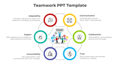 Teamwork PowerPoint template showcasing six key elements from Adaptability to Communication with icons and descriptions.