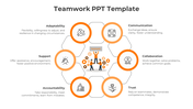 Teamwork infographic with six orange outlined circles and black icons arranged in a hexagonal pattern.