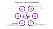 Teamwork slide featuring a central illustration surrounded by six labeled hexagonal and circular nodes with purple outlines.