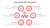 Teamwork PowerPoint template with six sections from adaptability to communication with red icons and descriptions.