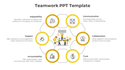 Hexagonal layout of six yellow circles with teamwork icons connected around a central teamwork illustration.