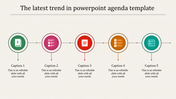 Agenda template with five circular icons in green, pink, red, orange, and teal, connected by a horizontal line.