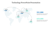 Technology PPT slide with a world map showing laptops and mobile phones connected by dotted lines, with statistics.