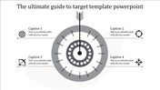 Black and white slide with a target diagram, an arrow in the center, and four caption areas with directional icons.